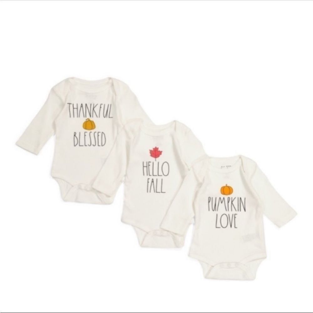 Rae Dunn Baby “Happy Fall” 3-Piece Onesie Set Pumpkin Graphic Bodysuits 6–9M